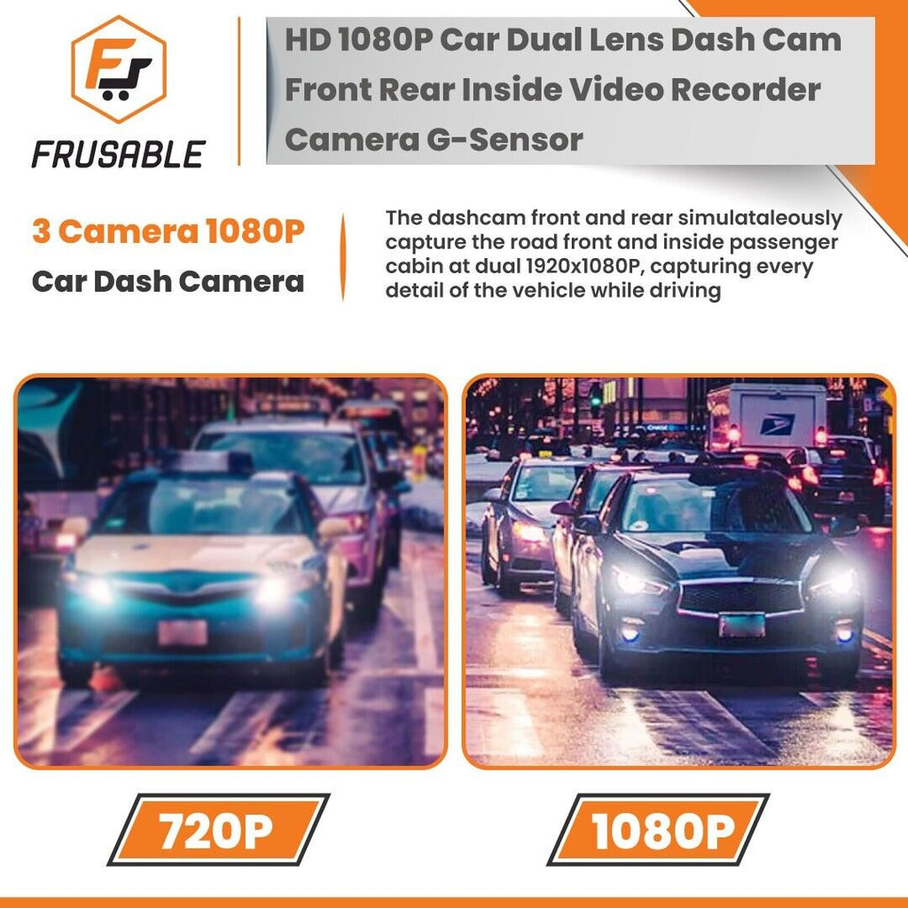 HD 1080P Car Dual Lens Dash Cam For Front, Rear, & Inside